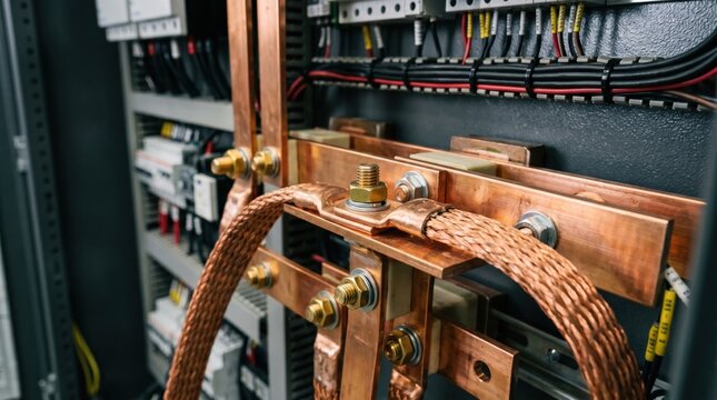 Closeup of industrial electrical cabinet with copper busbars and braided grounding cables