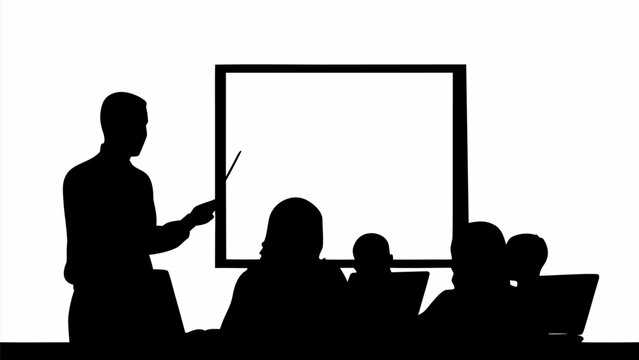 Teacher standing presenting to students with laptops in classroom setting with whiteboard