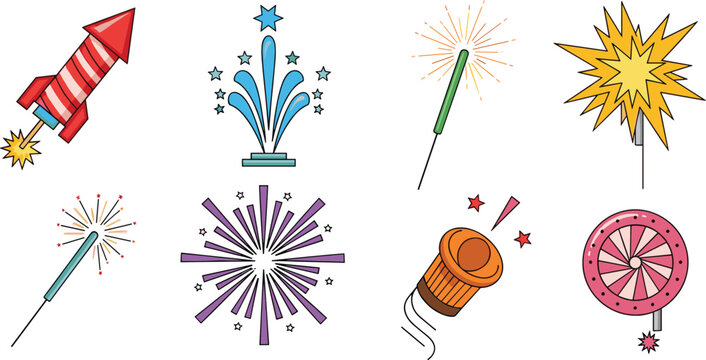 Fireworks and Celebration Icon Vector Set with Rocket, Sparklers, Firecracker, Starburst, and Colorful Explosion Designs for Festive Digital Projects