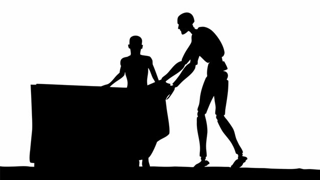 Black silhouette of humanoid robot helping another robot move a large object