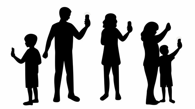 Family silhouette vector controlling light bulbs with smartphones together
