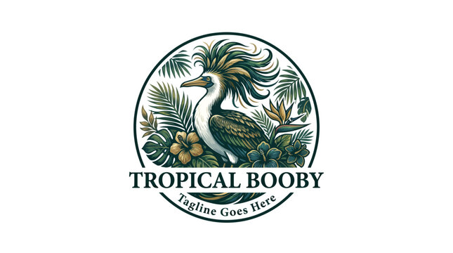 Illustration of a tropical booby bird within a circular emblem logo