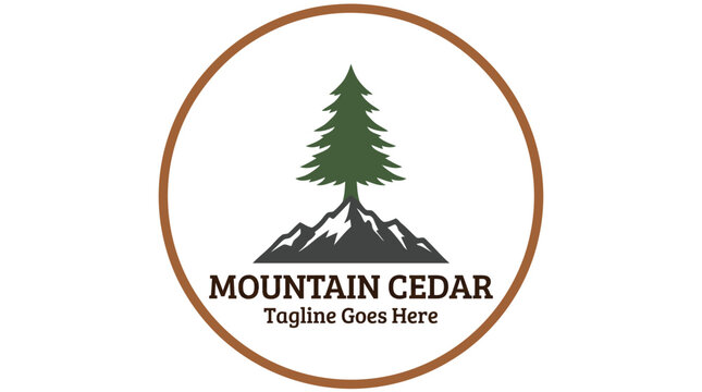 Circular emblem featuring a cedar tree atop a rocky mountain