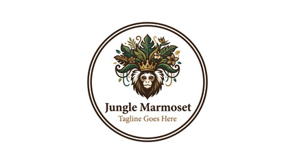 Marmoset monkey portrait on circular logo featuring leafy crown © LenteraCinema