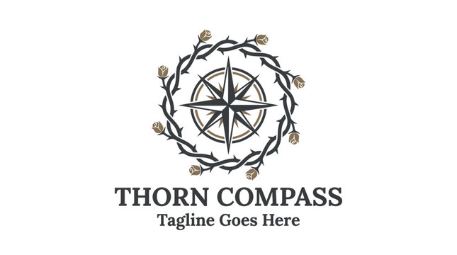 compass rose encircled by thorns forming a logo