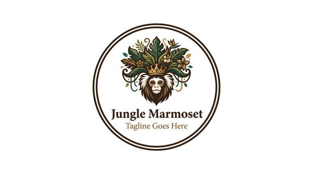 Marmoset monkey portrait on circular logo featuring leafy crown