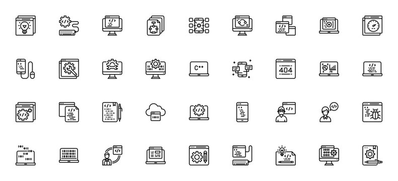 Programming icon set. Minimal line vector icons pack. Featuring idea, code, application, website, coding, binary code, programmer and more. Editable stroke.