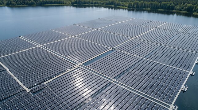 Aerial view of a large floating solar power plant on a lake, renewable energy installation on water surface