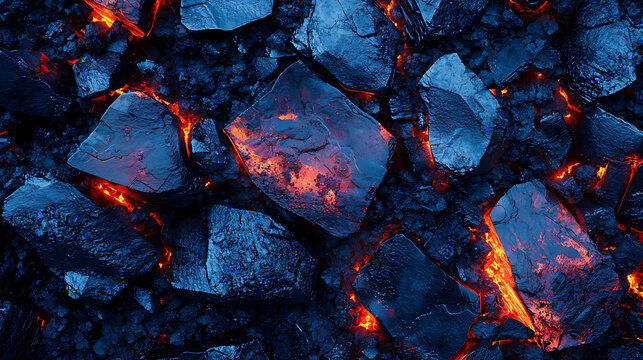 Closeup of Glowing Hot Coals with Intense Orange and Blue Embers in Fireplace.