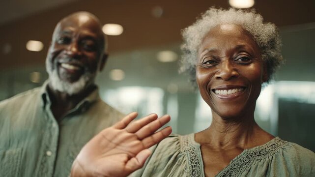 Happy senior African American couple smiling at the camera, waving hello. Elderly woman enjoys retirement with her loved one. Gentle moments, joy, aging. Warm, authentic embrace.