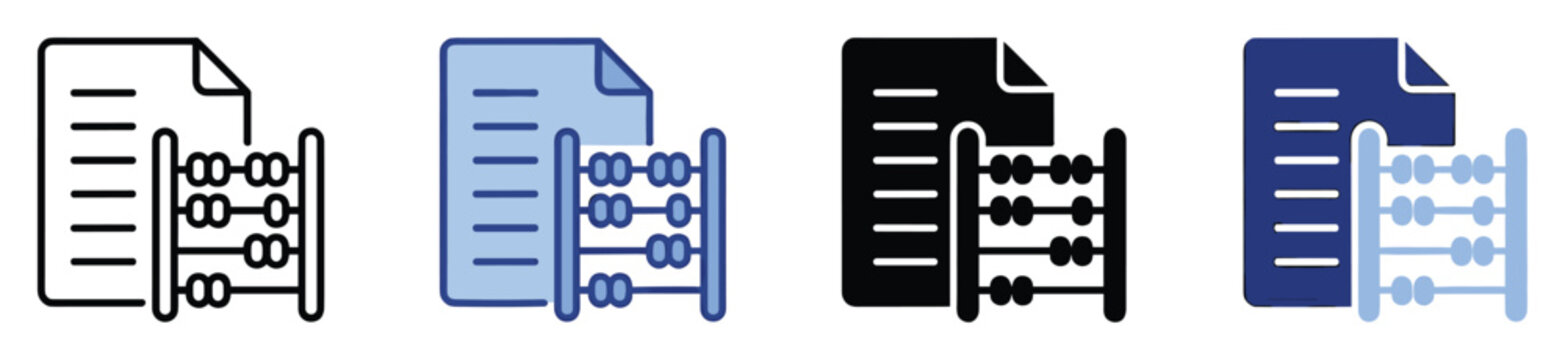 Set of financial accounting document and abacus icons representing calculation and recordkeeping