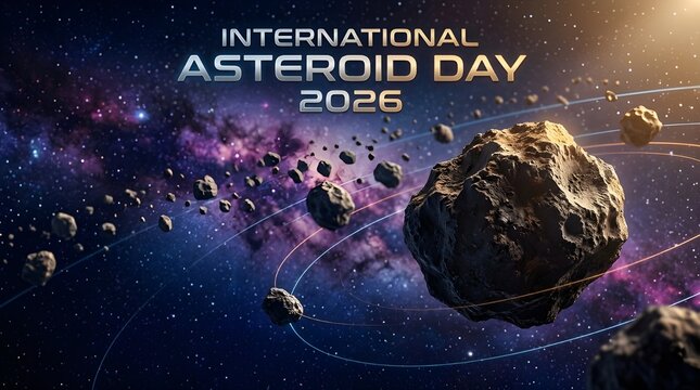 International Asteroid Day 2026 Multiple asteroids drifting across galaxy space