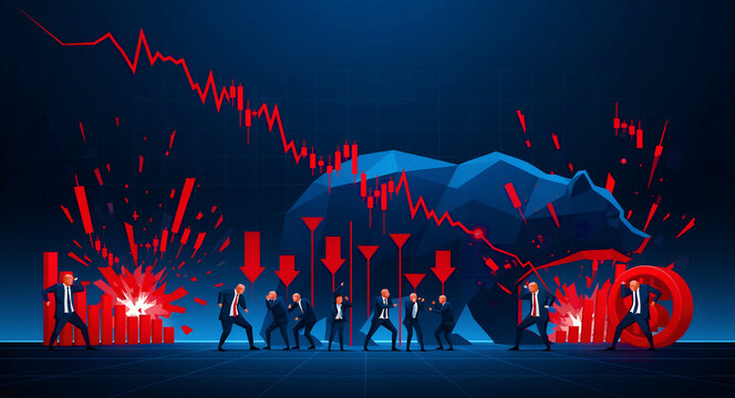 Businessmen panic during a major stock market crash with falling red candlestick charts. A low-poly bear symbolizes a bearish market trend. Financial crisis concept for economic news and reports.