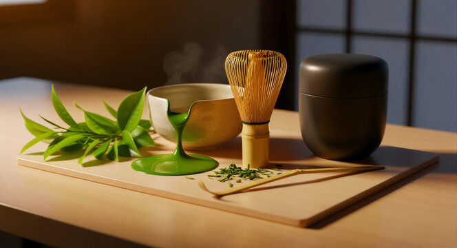 Traditional Japanese matcha tea set with bamboo whisk and ceramic bowl. Green tea powder and fresh leaves displayed for a tea ceremony. Zen wellness concept for spa and culinary marketing.