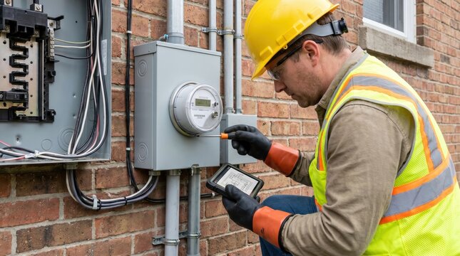 Electrician inspecting an outdoor residential electricity meter and service panel