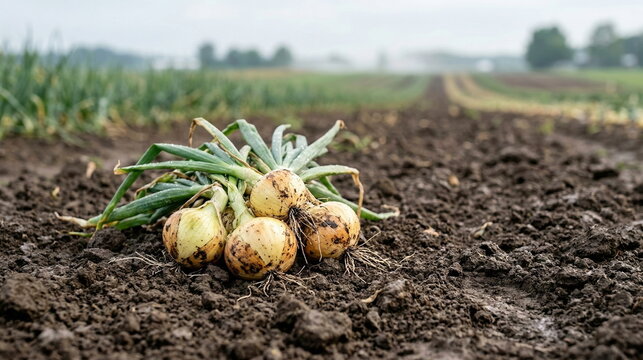 Onions freshly harvested lying on rich brown soil in agricultural field, showcasing farm produce and bountiful harvest.