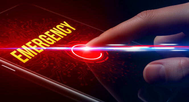 Finger pressing a red emergency button on a smartphone screen. The digital interface features a circuit board pattern and light flares. SOS and security alert concept, ideal for safety apps.