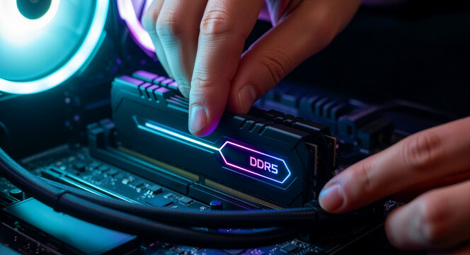 Hands installing a DDR5 RAM module into a computer motherboard. Close up of hardware upgrade with neon RGB lighting. Tech repair and gaming PC assembly concept for hardware marketing.