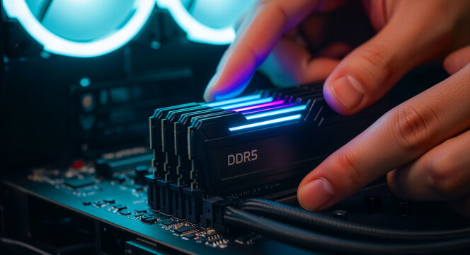 Hands installing DDR5 RAM memory modules into a computer motherboard. High-performance PC building with RGB lighting and modern hardware. Technology upgrade concept for IT and gaming marketing.