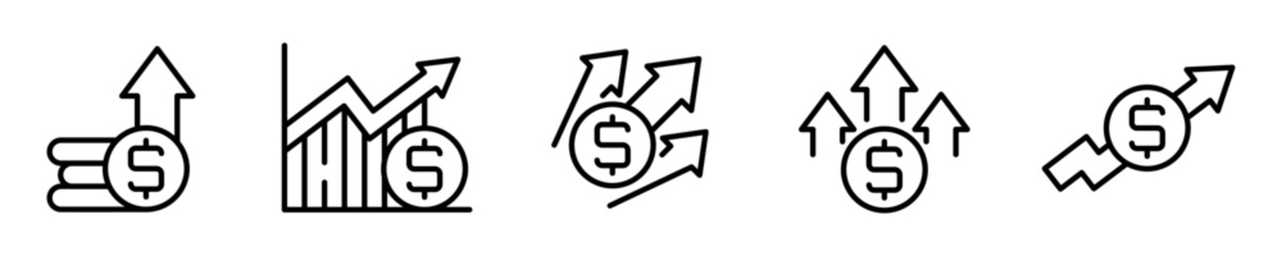 Conjunto de iconos de crecimiento financiero. Representa aumento econ&oacute;mico, desarrollo empresarial, inversi&oacute;n y progreso comercial. Ilustraci&oacute;n vectorial