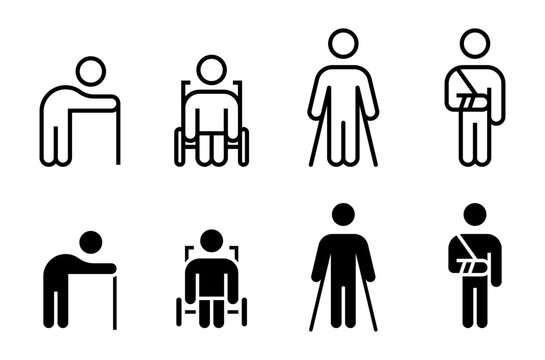 Conjunto de iconos de accesibilidad y rehabilitaci&oacute;n. Representa movilidad asistida, discapacidad f&iacute;sica, recuperaci&oacute;n m&eacute;dica y apoyo inclusivo. Ilustraci&oacute;n vectorial
