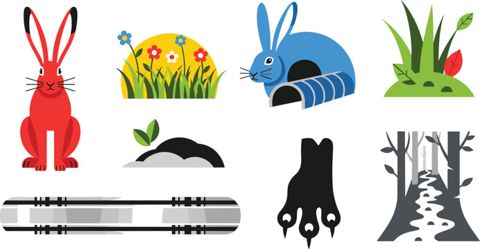 Forest and Wildlife Vector Set Featuring Rabbits, Bush, Grass, Animal Tracks, Trees, and Outdoor Nature Elements for Wildlife and Adventure Designs