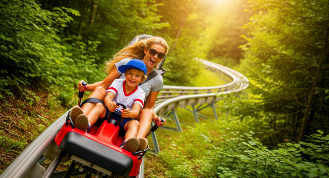 Happy mother and son riding an alpine coaster through a lush forest. They are enjoying an exciting summer toboggan run in the mountains. Ideal for family vacation and travel lifestyle marketing.