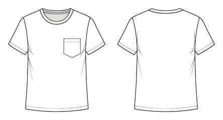 Fototapeta premium Basic crewneck tshirt with short sleeves and front pocket flat technical sketch for garment