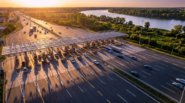 Aerial view of a busy highway toll station at sunset with a river in the background
