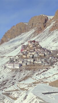 Vertical Aerial View of Key Monastery in Snow Covered Spiti Valley Himachal Pradesh