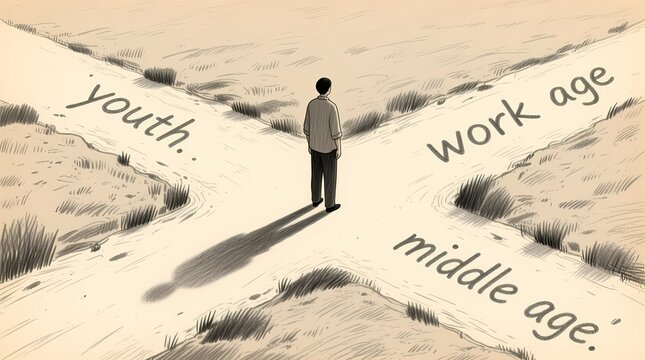 A pencil sketch illustration of a man standing at a literal crossroads, facing paths labeled youth, work age, and middle age.