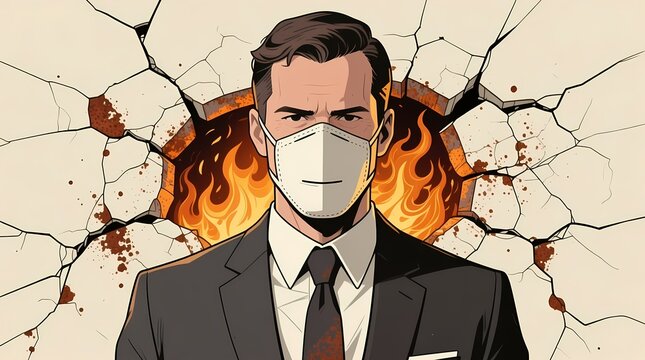 An illustration of a man in a business suit wearing a blank white mask, standing against a backdrop of burning flames.