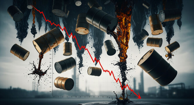 Rusty oil barrels falling and spilling crude oil against a red downward stock market graph. Industrial refinery background shows crashing energy prices. Economic crisis and fuel market concept.