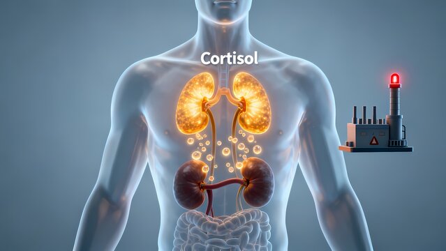 A 3D medical illustration of a semi-transparent human body showing internal organs, with an internal factory mechanism pumping out cortisol hormones.