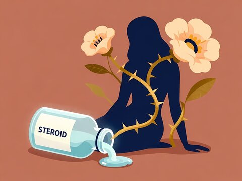 An illustration of a human silhouette trapped in thorny vines growing from a spilled steroid bottle, symbolizing medical side effects.