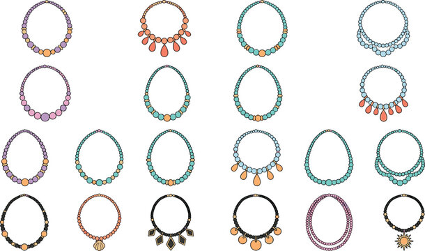 Boho Beaded Necklace Collection with Colorful Jewelry Chains, Tribal Pendants, and Elegant Fashion Accessories Isolated on White
