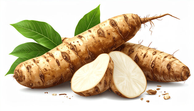 Fresh yuca roots and green leaves
