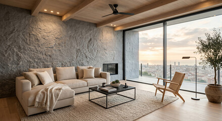 Fototapeta premium A modern living room with a sectional sofa, coffee table, and a large window overlooking a city skyline at sunset. The room features a stone accent wall and wooden ceiling beams.