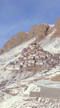 Vertical Aerial View of Key Monastery in Snow Covered Spiti Valley Himachal Pradesh