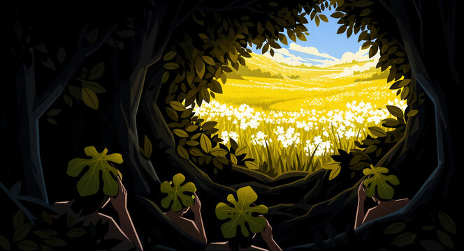 People peering from a dark thicket into a bright sunlit flower meadow. Figures hidden in shadows hold fig leaves while looking at a vibrant landscape. Discovery and hope concept for storytelling.