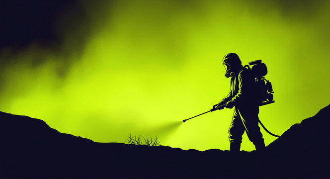 Silhouette of a worker in a hazmat suit spraying chemicals in toxic fog. Professional decontamination and pest control service illustration. Hazardous waste and safety concept for environmental ads.