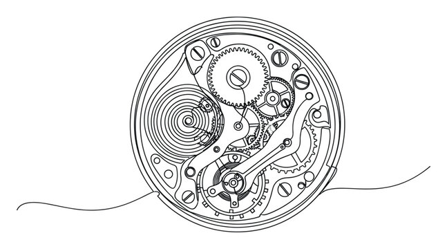 Precision clockwork interior presented in a fluid continuous line technique suitable for industrial