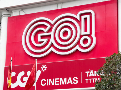 Da Nang, Vietnam - December 19, 2025: GO Cinemas and CGV Cinema Brand Sign Closeup Red Facade