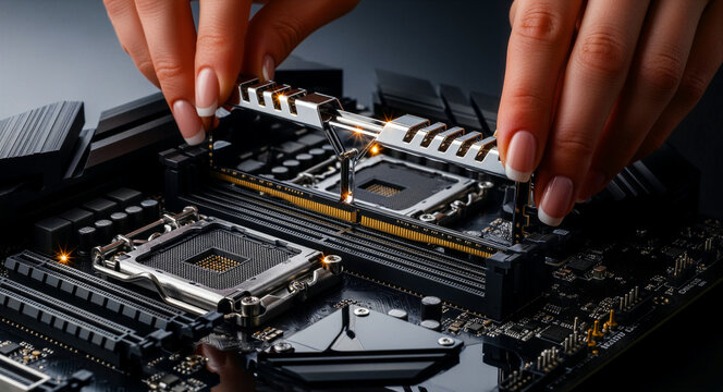 Hands installing RAM modules into a computer motherboard. Technician assembling a powerful gaming PC or server. Technology hardware upgrade concept for IT and computing marketing.