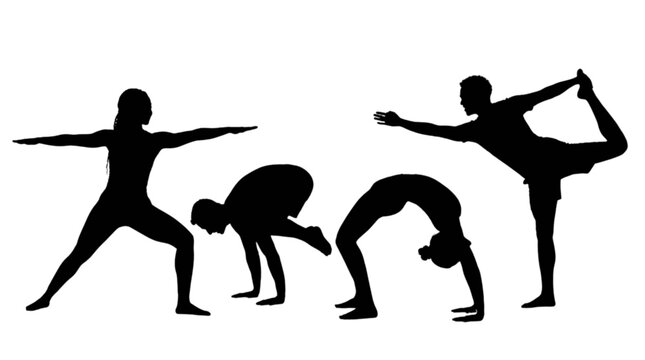 Black silhouette yoga poses of women isolated on transparent background, Vector