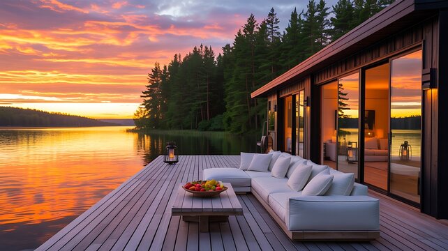 Luxury lakeside modern house with wooden deck and colorful sunset landscape