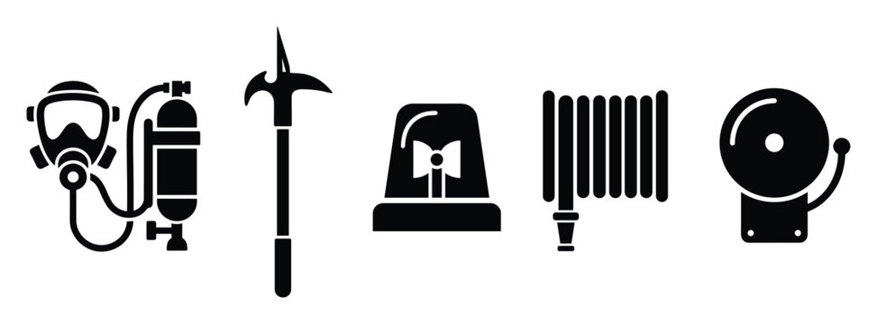 Set of essential fire emergency equipment icons for safety presentations and rescue service graphics