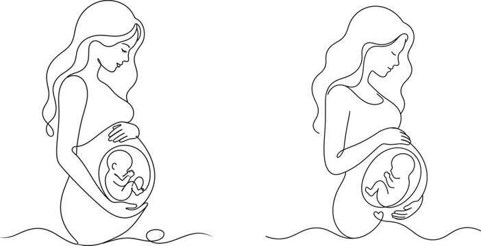 Continuous line drawing of pregnant woman carrying baby inside womb vector illustration minimal style simple elegant sketch female silhouette with fetus for mother day card pregnancy design.