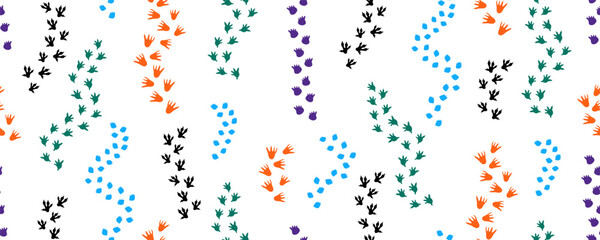 Dinosaur Footprint Seamless Pattern. Dino Foot Paw Wrapping Paper. Dragon Track Print Background. Cute Juvenile Vector Repeat Wallpaper Bg © Anna Drozdova