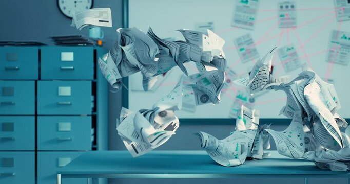  Abstract office scene with floating financial reports and documents swirling through a modern workspace.